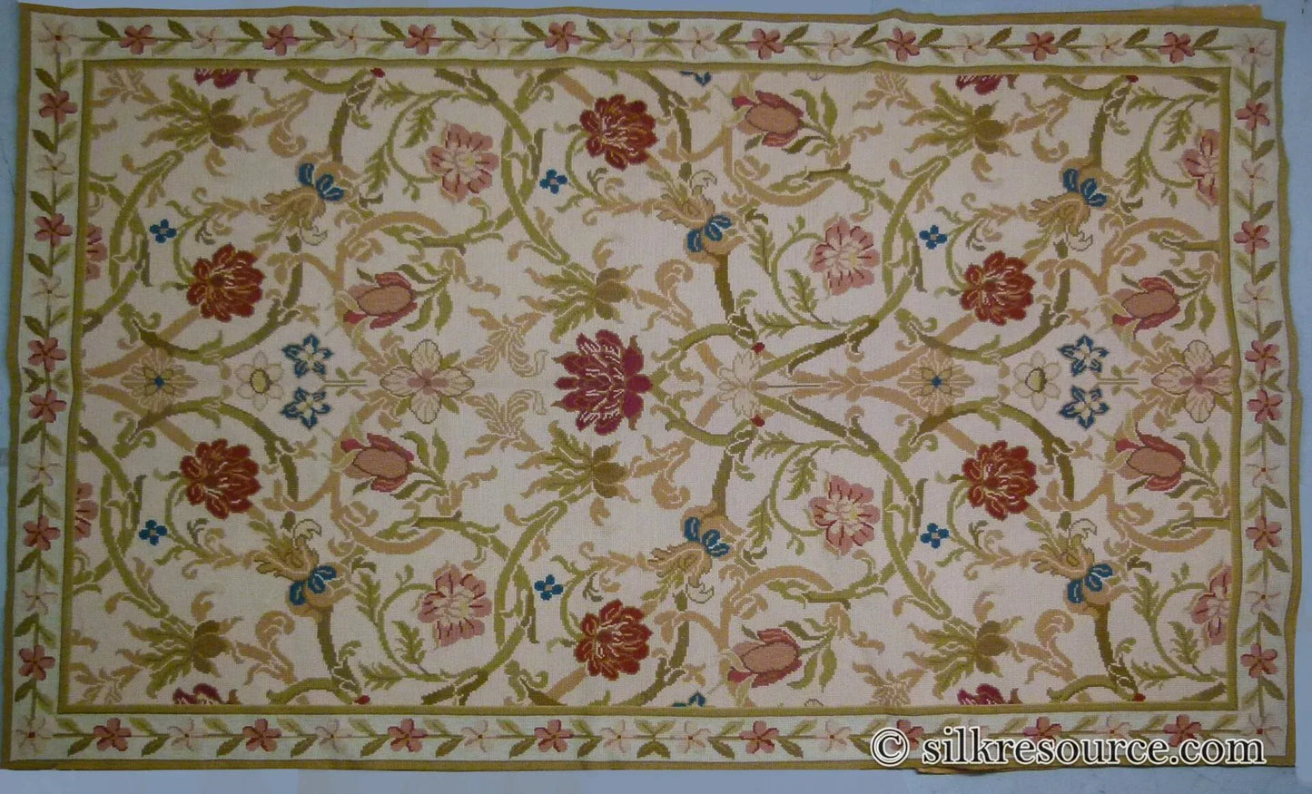 Stark Hay River Burly Wood 6'6" X10' Wool Needlepoint Fine Handmade Rug Renaissance Tulips Rose Iris Red Pink Blue Sage Green MSRP USD 1900
