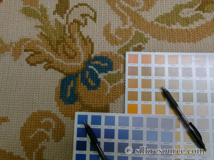 Stark Hay River Burly Wood 6'6" X10' Wool Needlepoint Fine Handmade Rug Renaissance Tulips Rose Iris Red Pink Blue Sage Green MSRP USD 1900