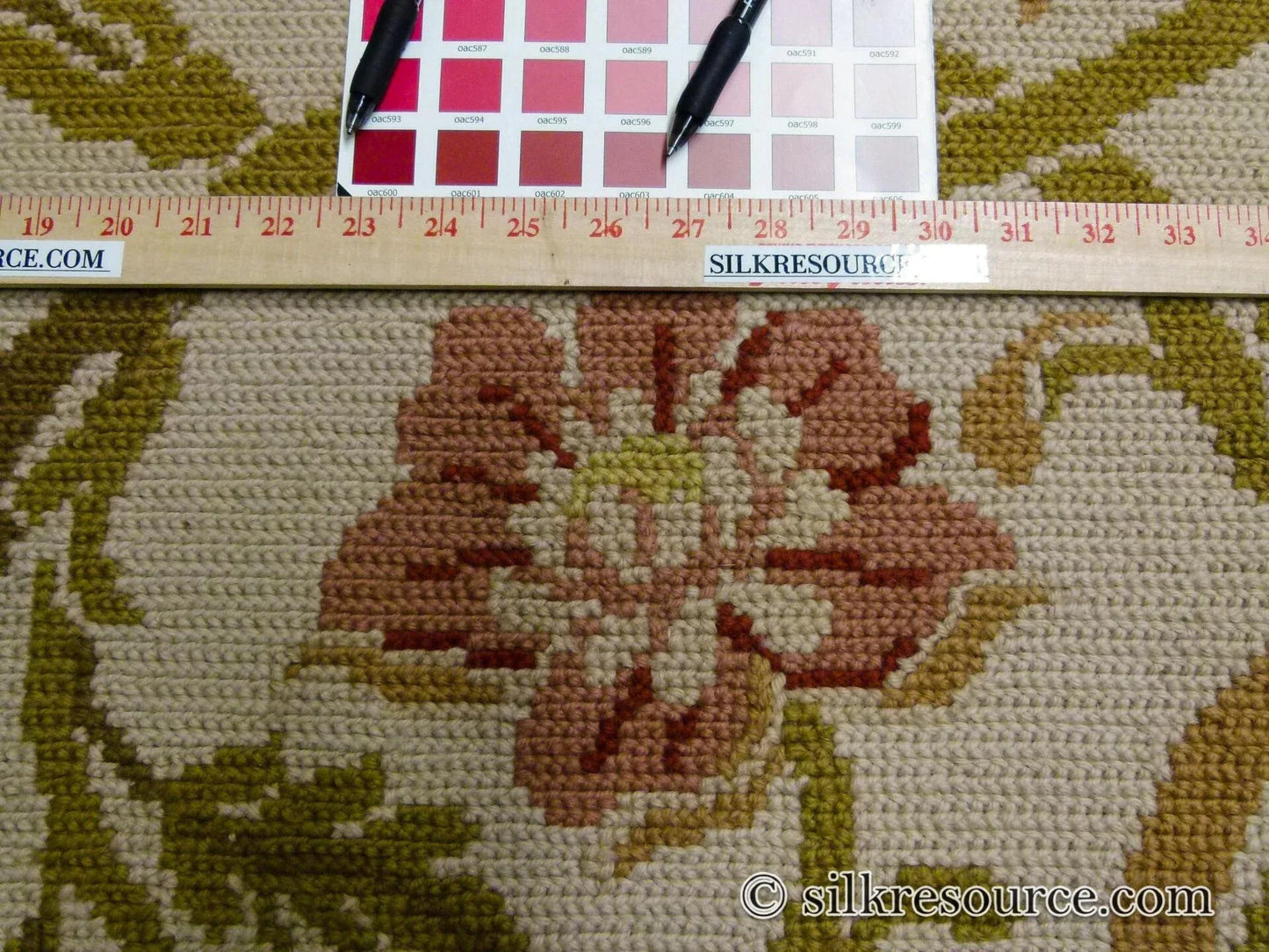 Stark Hay River Burly Wood 6'6" X10' Wool Needlepoint Fine Handmade Rug Renaissance Tulips Rose Iris Red Pink Blue Sage Green MSRP USD 1900