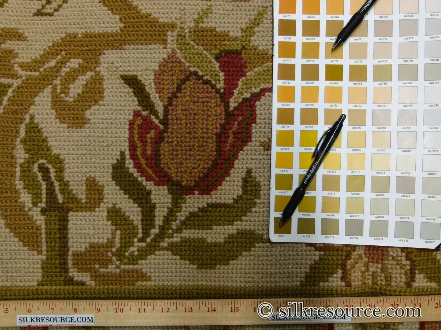 Stark Hay River Burly Wood 6'6" X10' Wool Needlepoint Fine Handmade Rug Renaissance Tulips Rose Iris Red Pink Blue Sage Green MSRP USD 1900