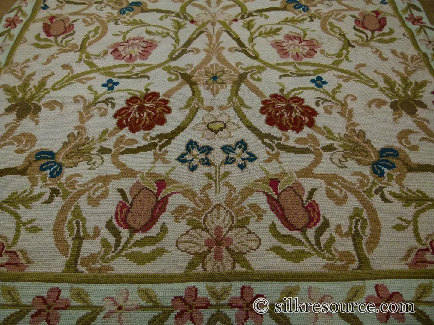 Stark Hay River Burly Wood 6'6" X10' Wool Needlepoint Fine Handmade Rug Renaissance Tulips Rose Iris Red Pink Blue Sage Green MSRP USD 1900