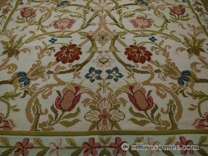 Stark Hay River Burly Wood 6'6" X10' Wool Needlepoint Fine Handmade Rug Renaissance Tulips Rose Iris Red Pink Blue Sage Green MSRP USD 1900