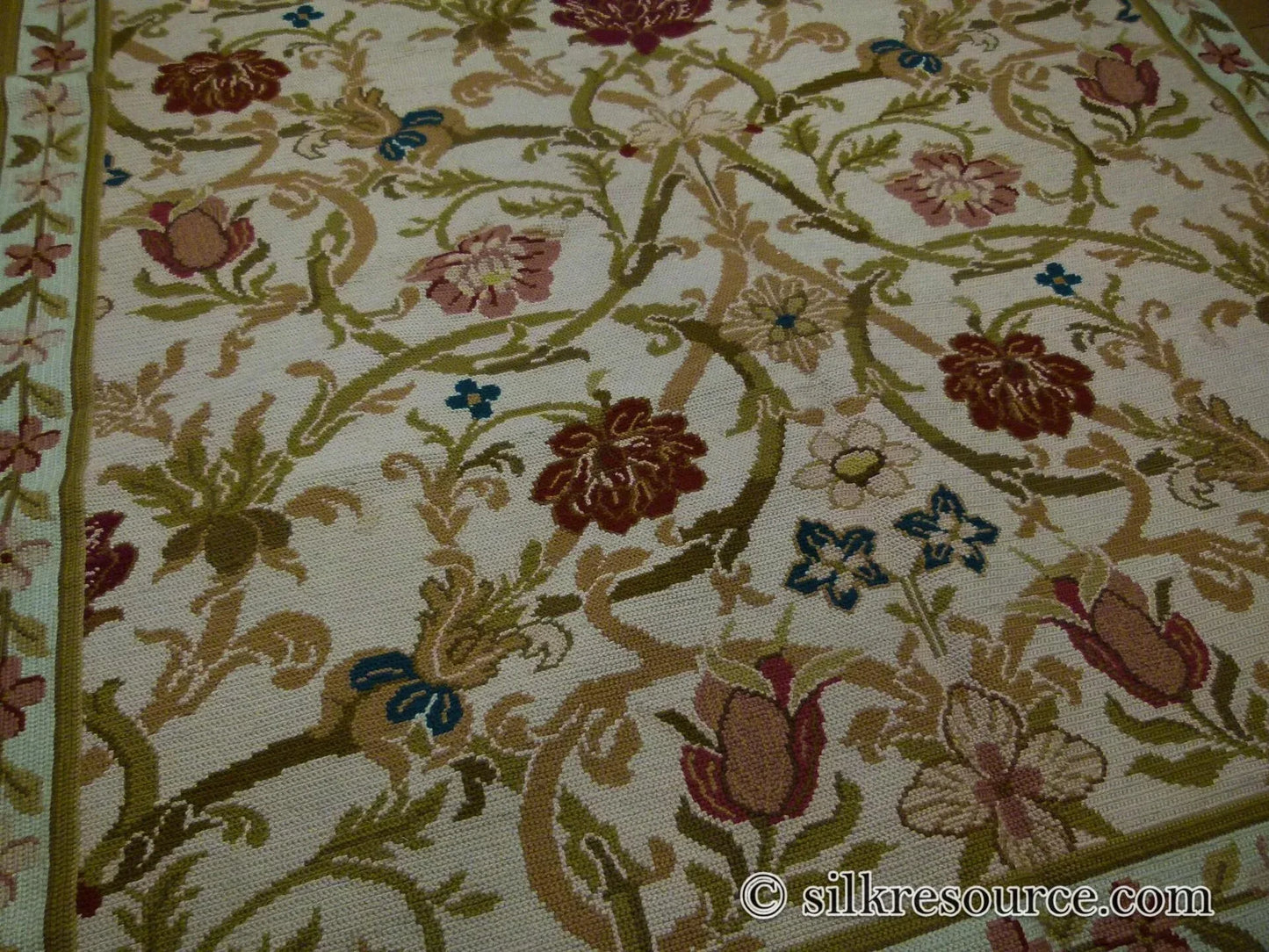 Stark Hay River Burly Wood 6'6" X10' Wool Needlepoint Fine Handmade Rug Renaissance Tulips Rose Iris Red Pink Blue Sage Green MSRP USD 1900