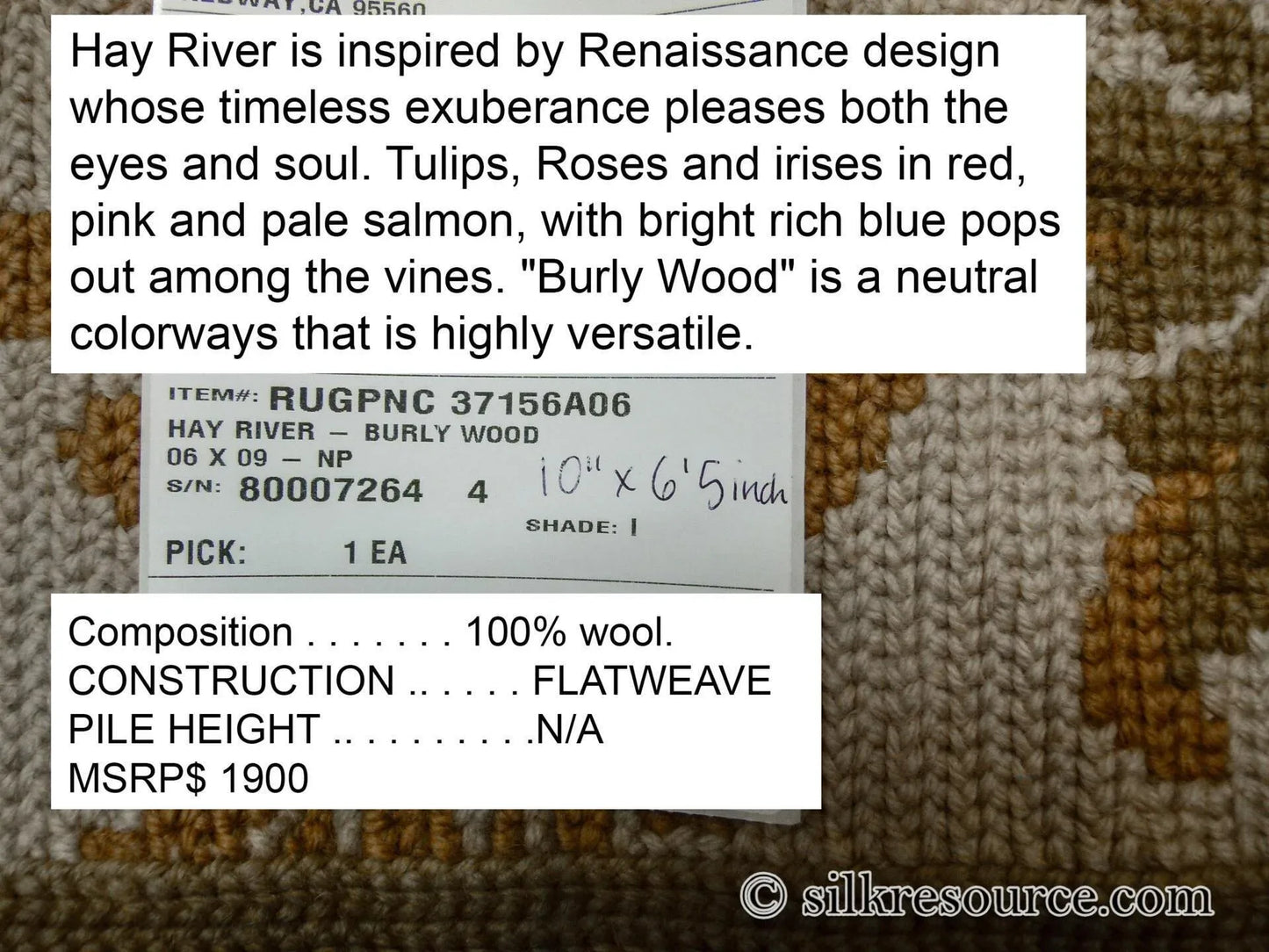 Stark Hay River Burly Wood 6'6" X10' Wool Needlepoint Fine Handmade Rug Renaissance Tulips Rose Iris Red Pink Blue Sage Green MSRP USD 1900