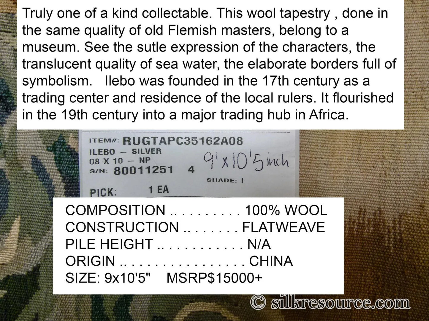 Stark Ilebo Silver 9x10'5" Aubusson Flemish Tapestry Wool Sea Ocean Port Figures Huge! MSRP USD 15000+