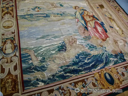 Stark Ilebo Silver 9x10'5" Aubusson Flemish Tapestry Wool Sea Ocean Port Figures Huge! MSRP USD 15000+