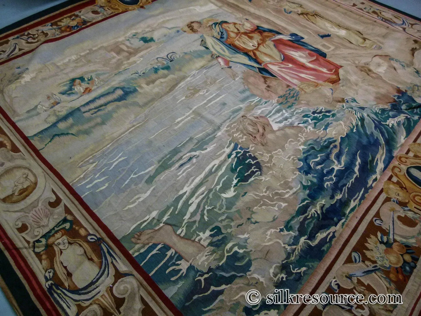 Stark Ilebo Silver 9x10'5" Aubusson Flemish Tapestry Wool Sea Ocean Port Figures Huge! MSRP USD 15000+