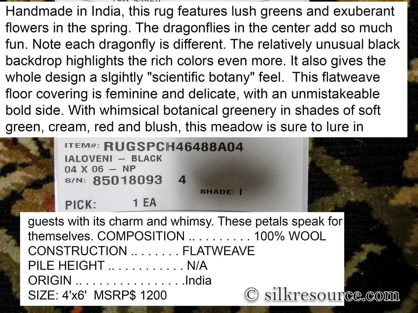 Stark Ialoveni Black 4'x6' Botanical Dutch Garden Nature Tulips Yarrow Dragonfly Pink Red Green MSRP USD 1200