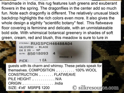 Stark Ialoveni Black 4'x6' Botanical Dutch Garden Nature Tulips Yarrow Dragonfly Pink Red Green MSRP USD 1200