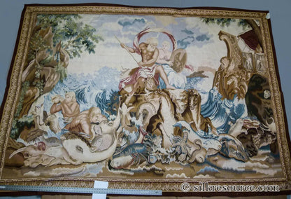Stark Ilam in Linen 8'x11' 100% Wool Tapestry Poseidone God Of Ocean Amphitrite Goddess Horses Merman Seal Fish Huge MSRP USD 12000