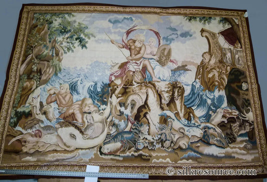 Stark Ilam in Linen 8'x11' 100% Wool Tapestry Poseidone God Of Ocean Amphitrite Goddess Horses Merman Seal Fish Huge MSRP USD 12000