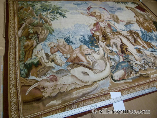 Stark Ilam in Linen 8'x11' 100% Wool Tapestry Poseidone God Of Ocean Amphitrite Goddess Horses Merman Seal Fish Huge MSRP USD 12000