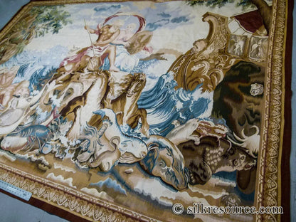 Stark Ilam in Linen 8'x11' 100% Wool Tapestry Poseidone God Of Ocean Amphitrite Goddess Horses Merman Seal Fish Huge MSRP USD 12000