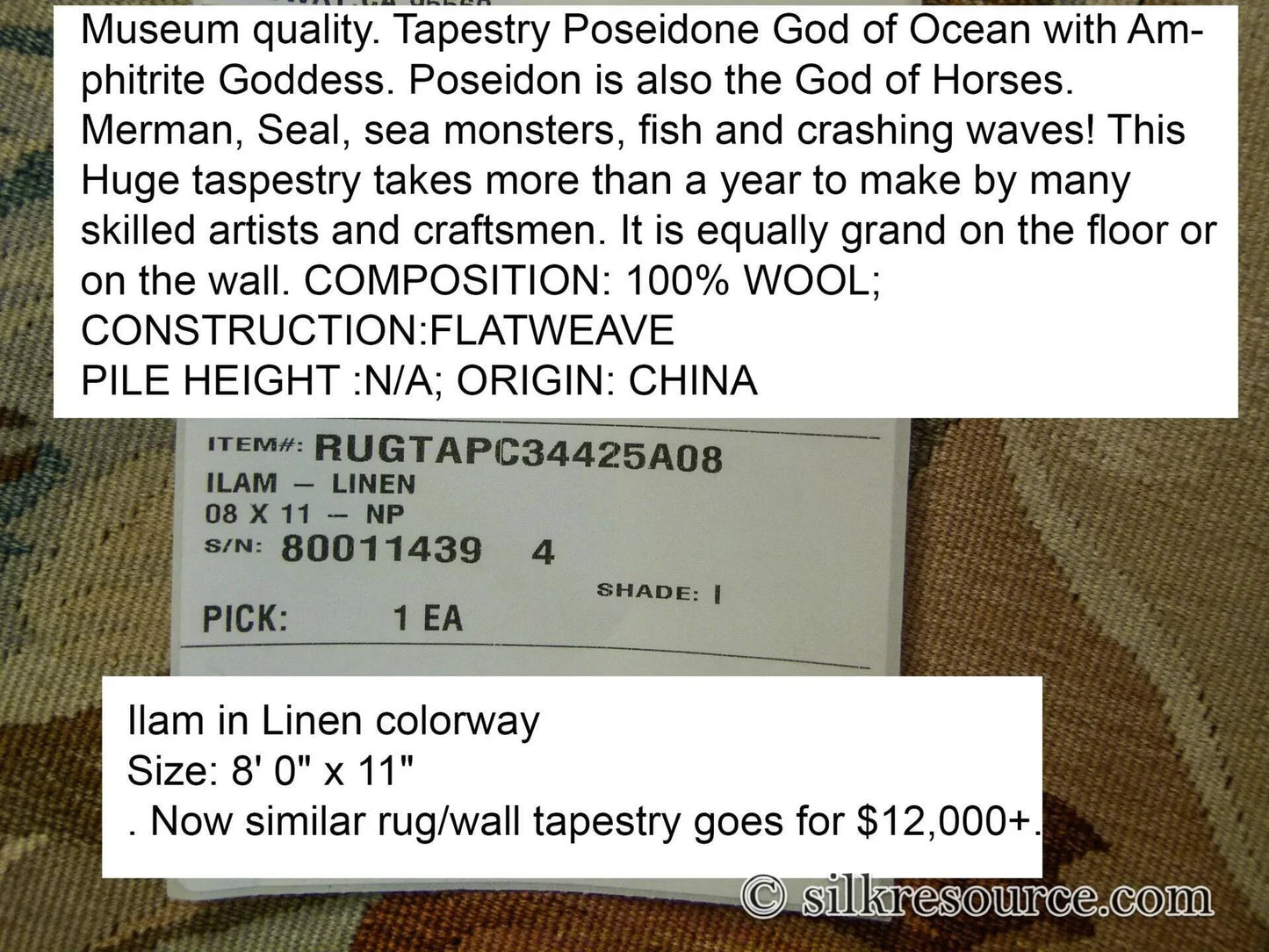 Stark Ilam in Linen 8'x11' 100% Wool Tapestry Poseidone God Of Ocean Amphitrite Goddess Horses Merman Seal Fish Huge MSRP USD 12000