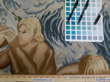 Stark Ilam in Linen 8'x11' 100% Wool Tapestry Poseidone God Of Ocean Amphitrite Goddess Horses Merman Seal Fish Huge MSRP USD 12000