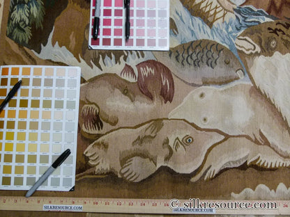 Stark Ilam in Linen 8'x11' 100% Wool Tapestry Poseidone God Of Ocean Amphitrite Goddess Horses Merman Seal Fish Huge MSRP USD 12000