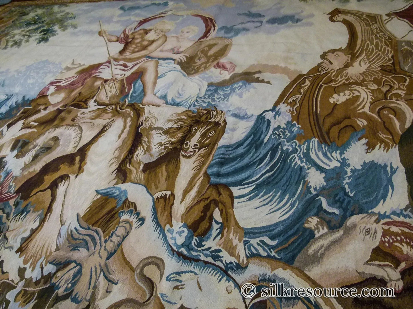 Stark Ilam in Linen 8'x11' 100% Wool Tapestry Poseidone God Of Ocean Amphitrite Goddess Horses Merman Seal Fish Huge MSRP USD 12000