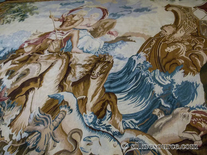 Stark Ilam in Linen 8'x11' 100% Wool Tapestry Poseidone God Of Ocean Amphitrite Goddess Horses Merman Seal Fish Huge MSRP USD 12000