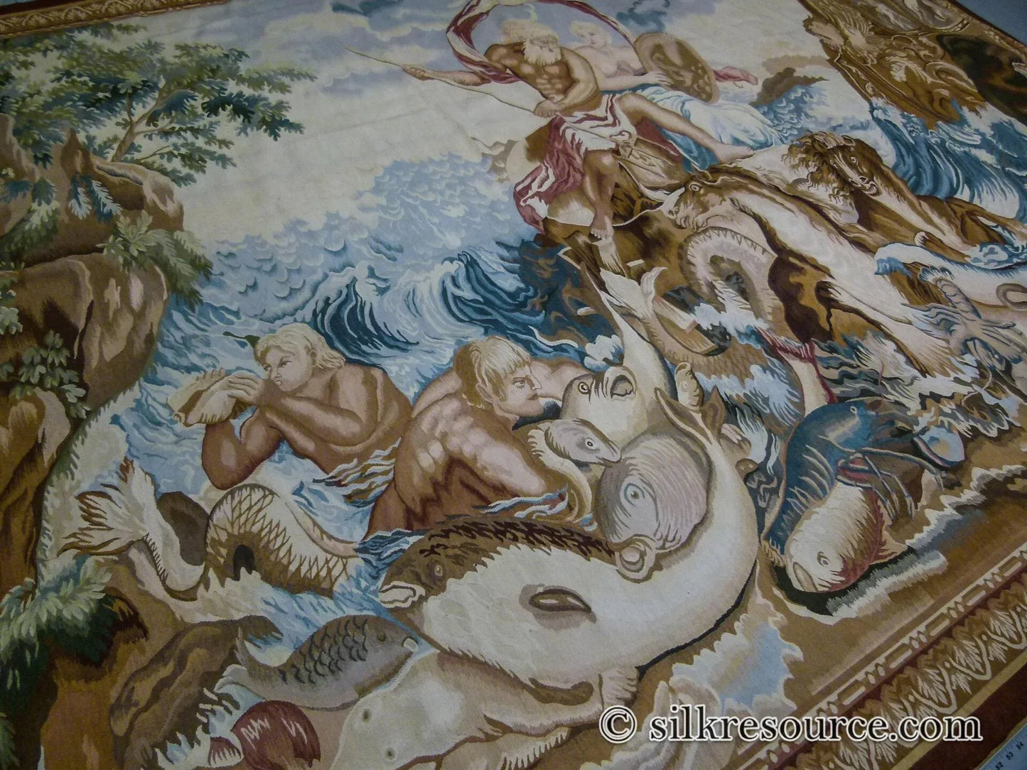 Stark Ilam in Linen 8'x11' 100% Wool Tapestry Poseidone God Of Ocean Amphitrite Goddess Horses Merman Seal Fish Huge MSRP USD 12000