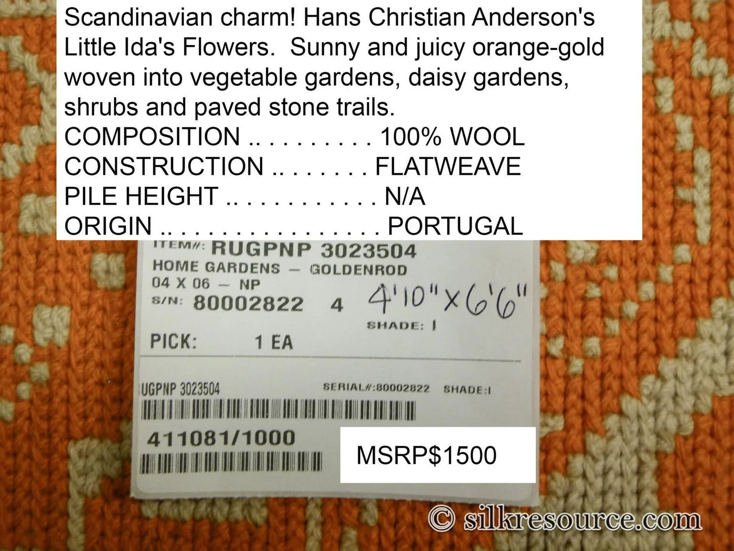Stark Home Gardens Goldenrod 4' 10"  X 6' 6" Scandinavian Hans Christian Anderson's Little Ida's Flowers Gold Orange White MSRP USD 1500