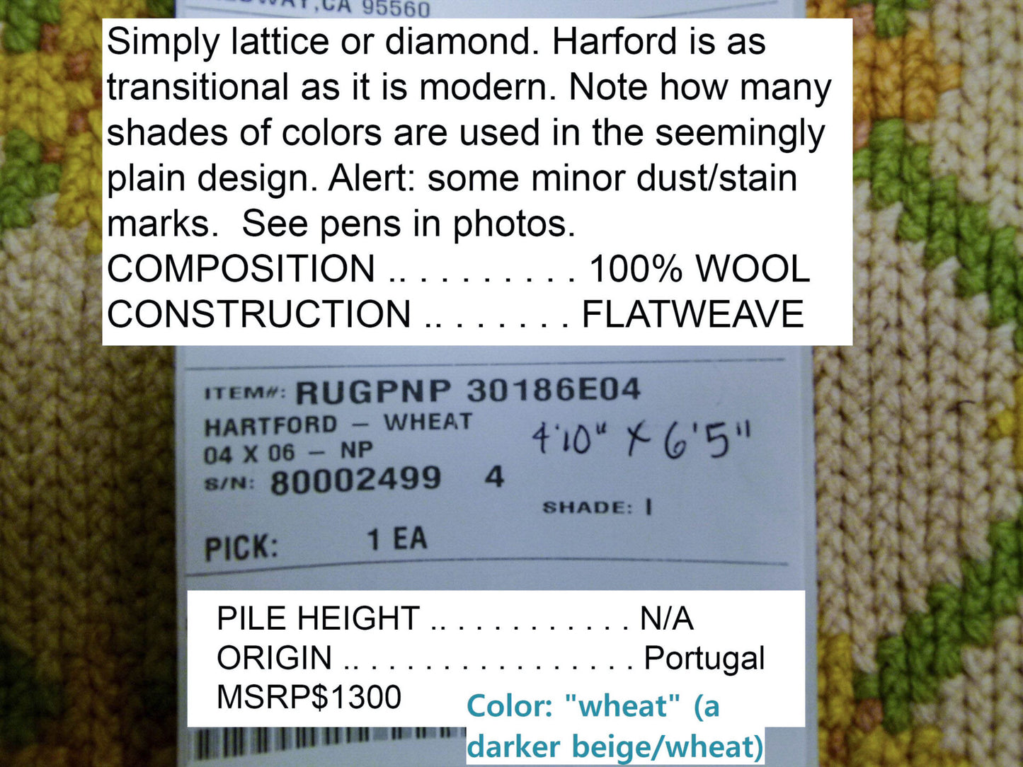 Stark Hartford Wheat 4'10" X 6' 5" Wool Flat Weave Rug Gold Wheat Green Yellow Spring! MSRP USD 1300