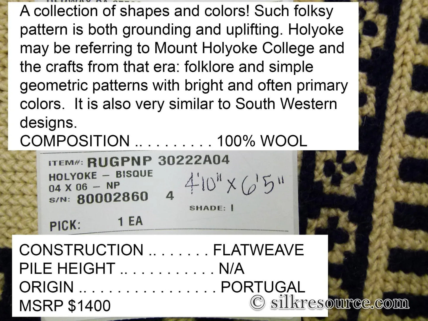 Stark Holyoke Bisque 4'10" X6'5" 100% Wool Rug South Western Quaker Art Blue Orange Red Green MSRP USD 1400