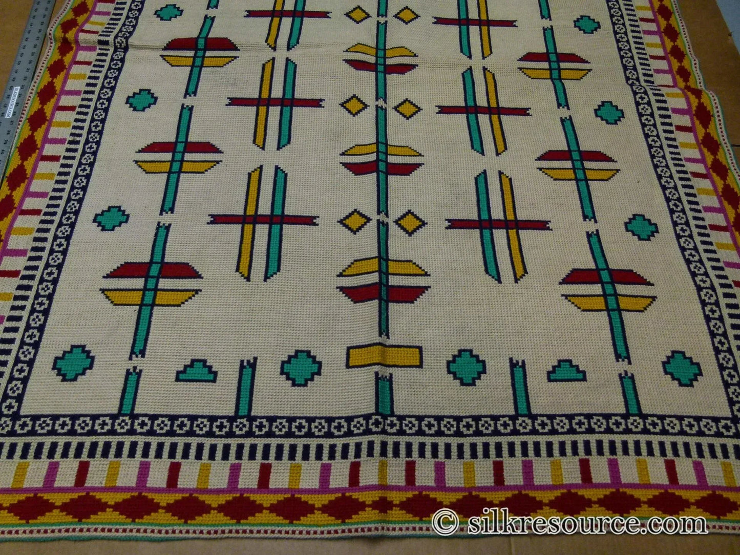 Stark Holyoke Bisque 4'10" X6'5" 100% Wool Rug South Western Quaker Art Blue Orange Red Green MSRP USD 1400