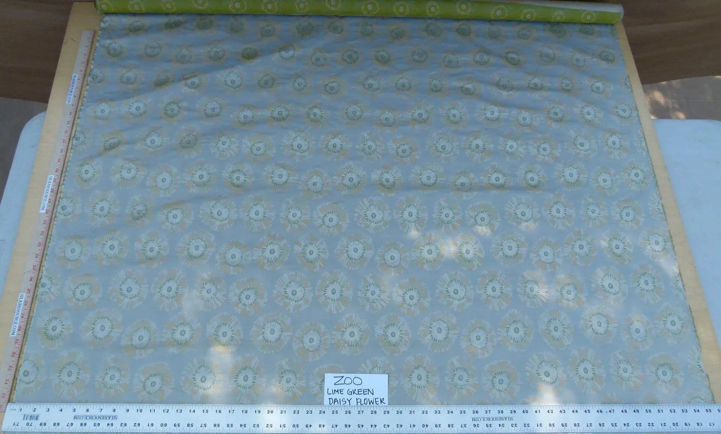 3.75 Yards Zoo Lime Green Daisy Flower On Grey Pale Blue 100% Silk