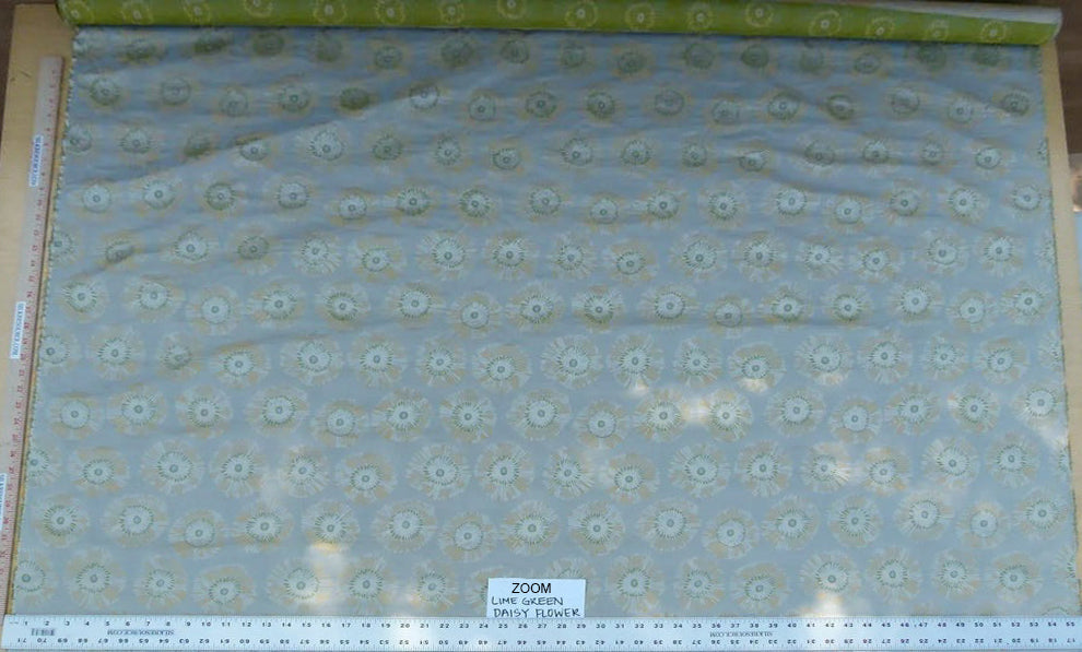 Zoom Lime Green Daisy Flower On Grey Pale Blue 100% Silk - By The Yard