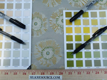 Zoom Lime Green Daisy Flower On Grey Pale Blue 100% Silk - By The Yard
