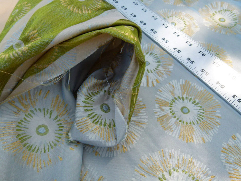 Zoom Lime Green Daisy Flower On Grey Pale Blue 100% Silk - By The Yard