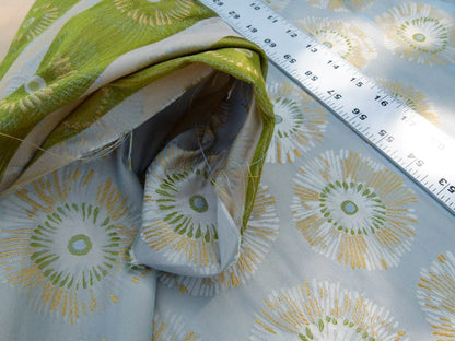 Zoom Lime Green Daisy Flower On Grey Pale Blue 100% Silk - By The Yard