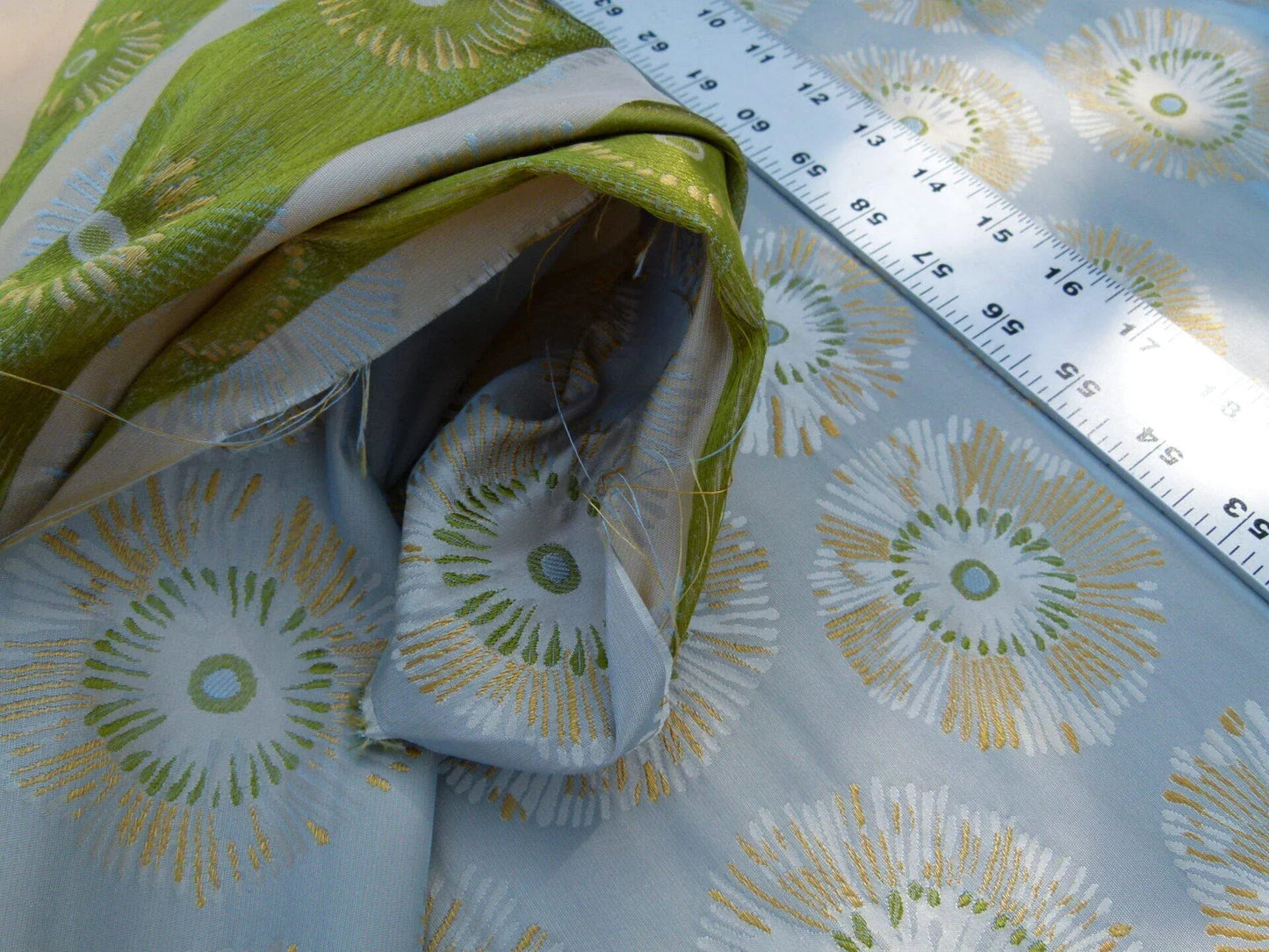 3.75 Yards Zoo Lime Green Daisy Flower On Grey Pale Blue 100% Silk