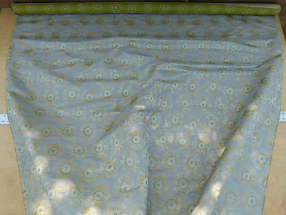 Zoom Lime Green Daisy Flower On Grey Pale Blue 100% Silk - By The Yard