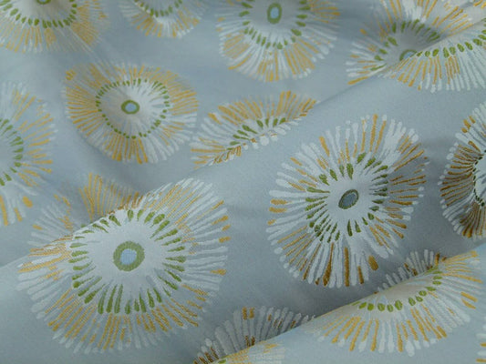 Zoom Lime Green Daisy Flower On Grey Pale Blue 100% Silk - By The Yard