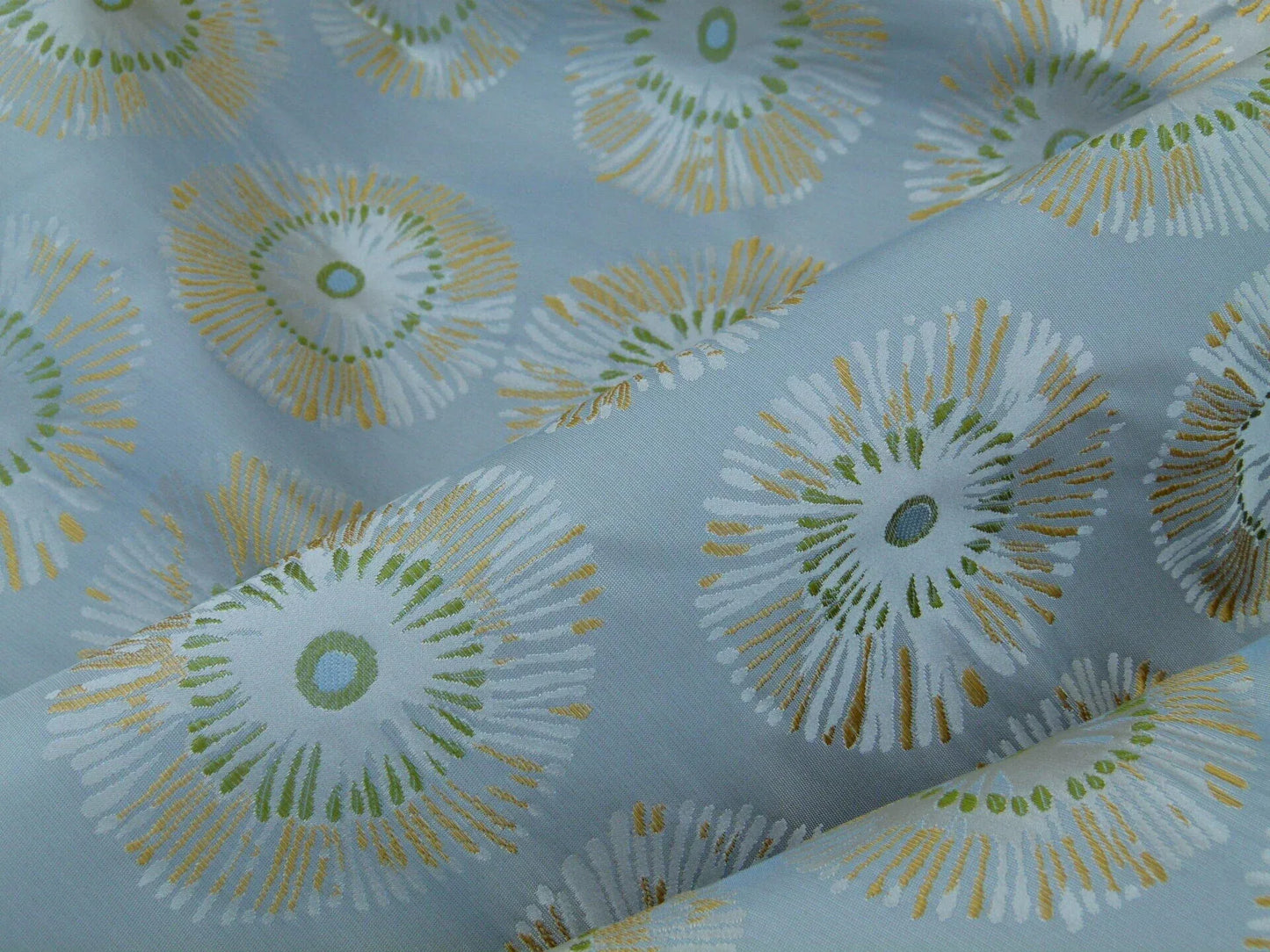 3.75 Yards Zoo Lime Green Daisy Flower On Grey Pale Blue 100% Silk