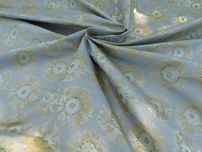 Zoom Lime Green Daisy Flower On Grey Pale Blue 100% Silk - By The Yard