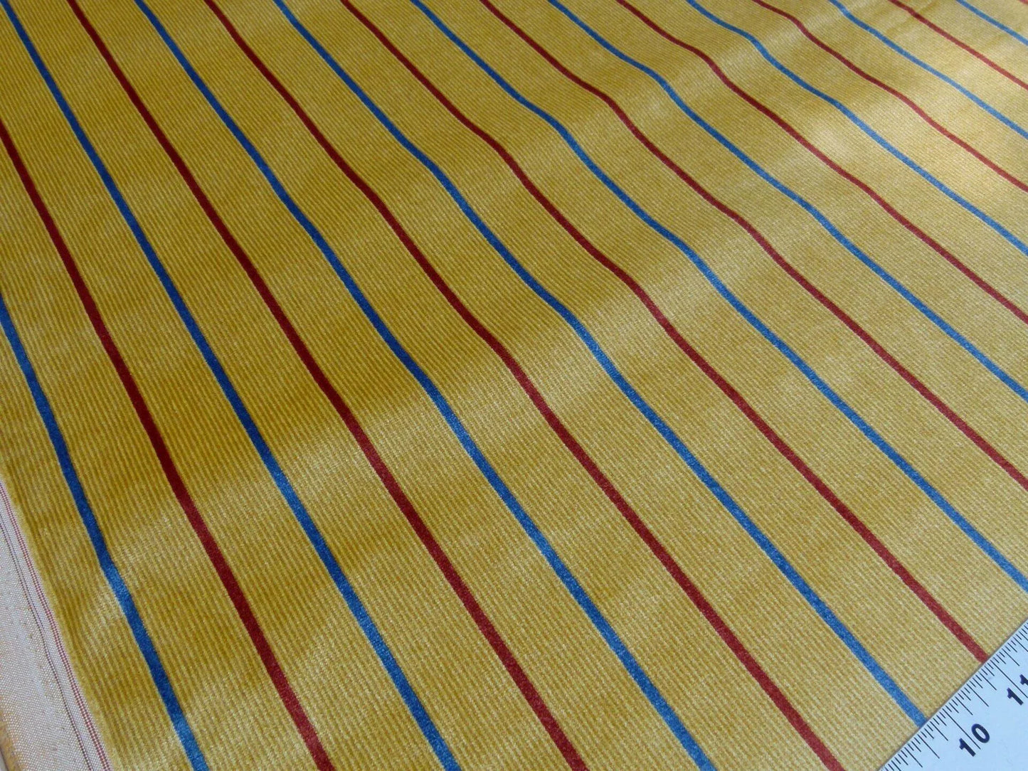 By Yard Lee Jofa Figaro Velvet Red and Blue Stripe On Gold Silky Heavy