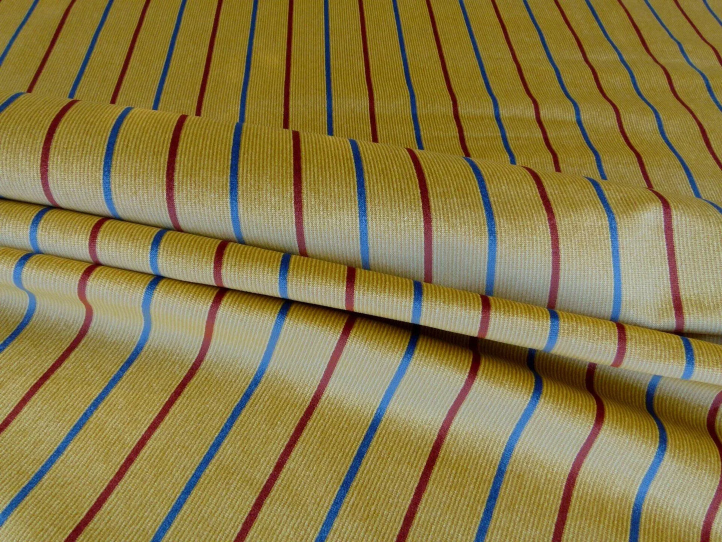 By Yard Lee Jofa Figaro Velvet Red and Blue Stripe On Gold Silky Heavy