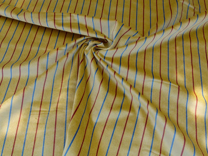 By Yard Lee Jofa Figaro Velvet Red and Blue Stripe On Gold Silky Heavy