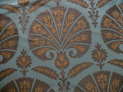 100%silk Lampas Tulip Fan Damask 536 "branch" Teal Blue Brown Gold Bty MSRP USD296/y!