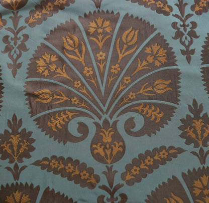 100%silk Lampas Tulip Fan Damask 536 "branch" Teal Blue Brown Gold Bty MSRP USD296/y!