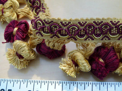 By Yard Italian Tassel Pompom Trim Burgundy Red &amp; Antique Gold 100% Viscose MSRP USD 68/yard