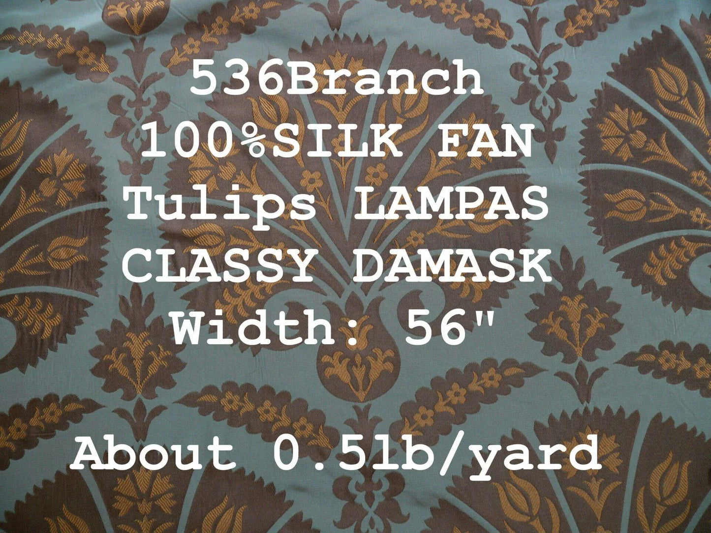 100%silk Lampas Tulip Fan Damask 536 "branch" Teal Blue Brown Gold Bty MSRP USD296/y!