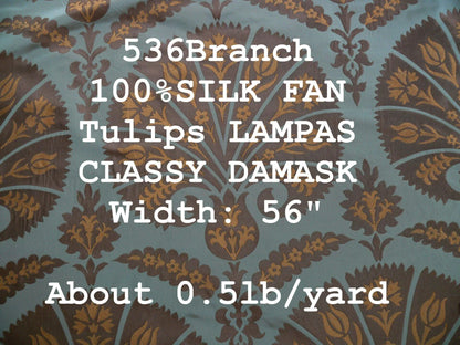 100%silk Lampas Tulip Fan Damask 536 "branch" Teal Blue Brown Gold Bty MSRP USD296/y!