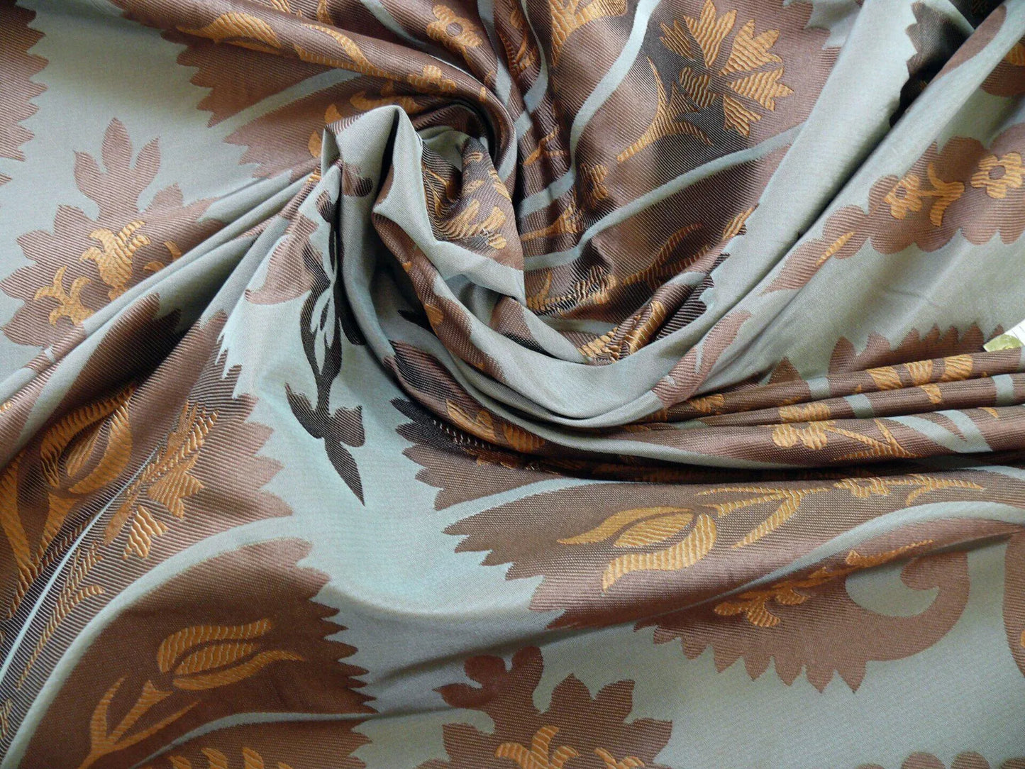 100%silk Lampas Tulip Fan Damask 536 "branch" Teal Blue Brown Gold Bty MSRP USD296/y!