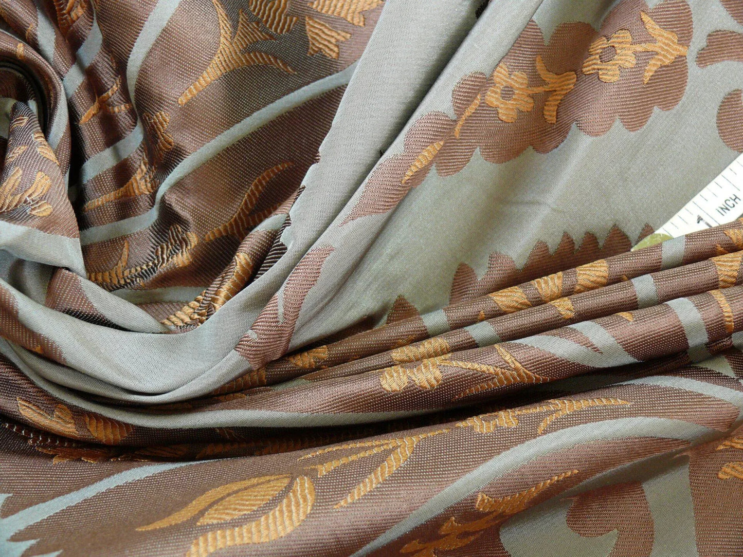 100%silk Lampas Tulip Fan Damask 536 "branch" Teal Blue Brown Gold Bty MSRP USD296/y!