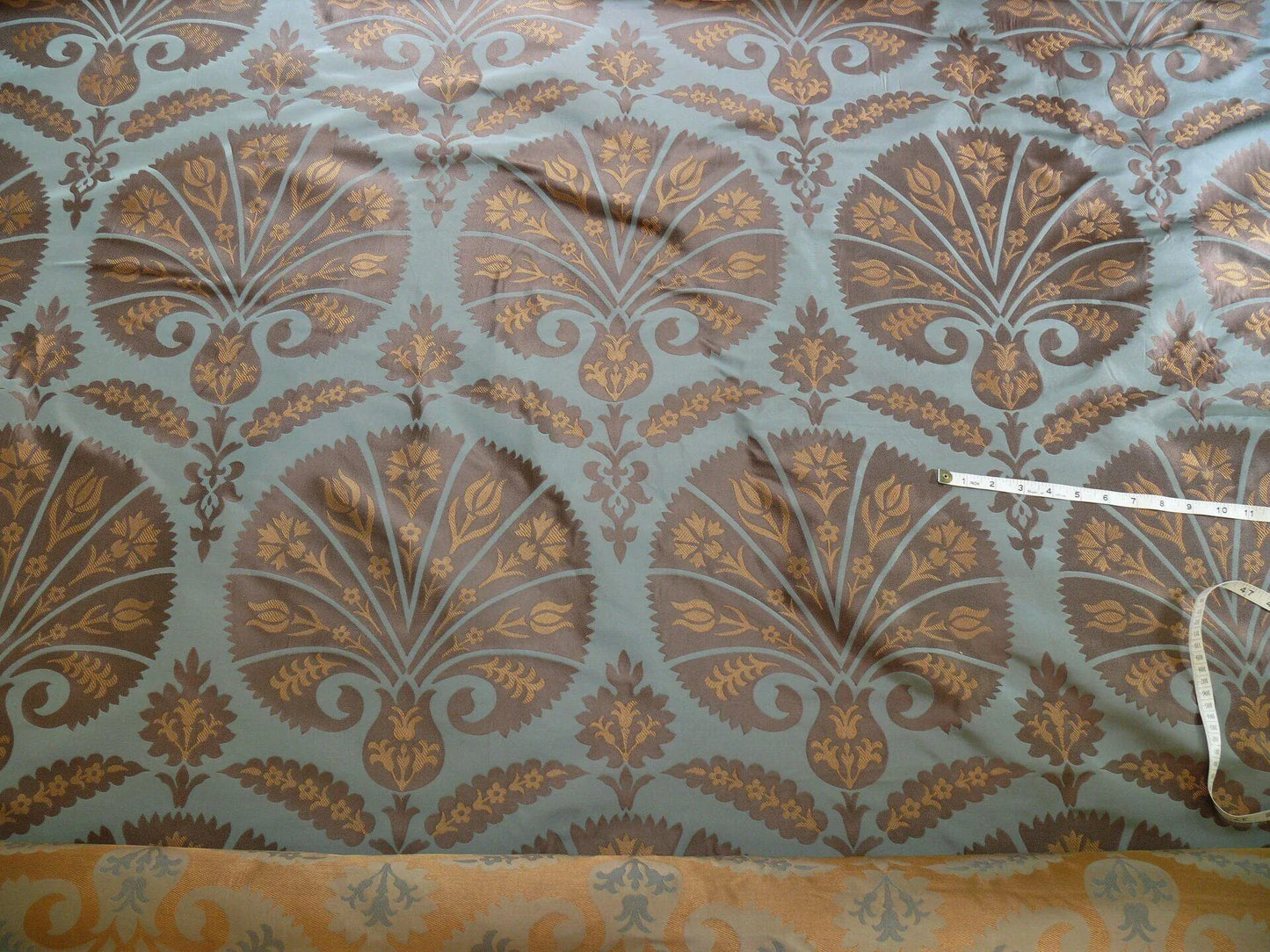 100%silk Lampas Tulip Fan Damask 536 "branch" Teal Blue Brown Gold Bty MSRP USD296/y!