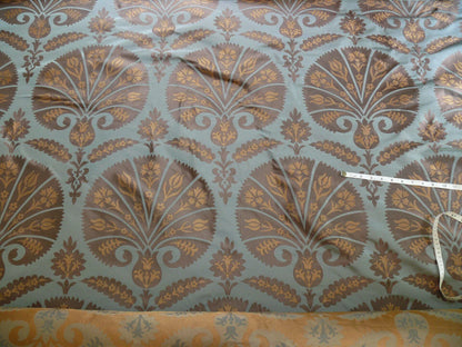 100%silk Lampas Tulip Fan Damask 536 "branch" Teal Blue Brown Gold Bty MSRP USD296/y!