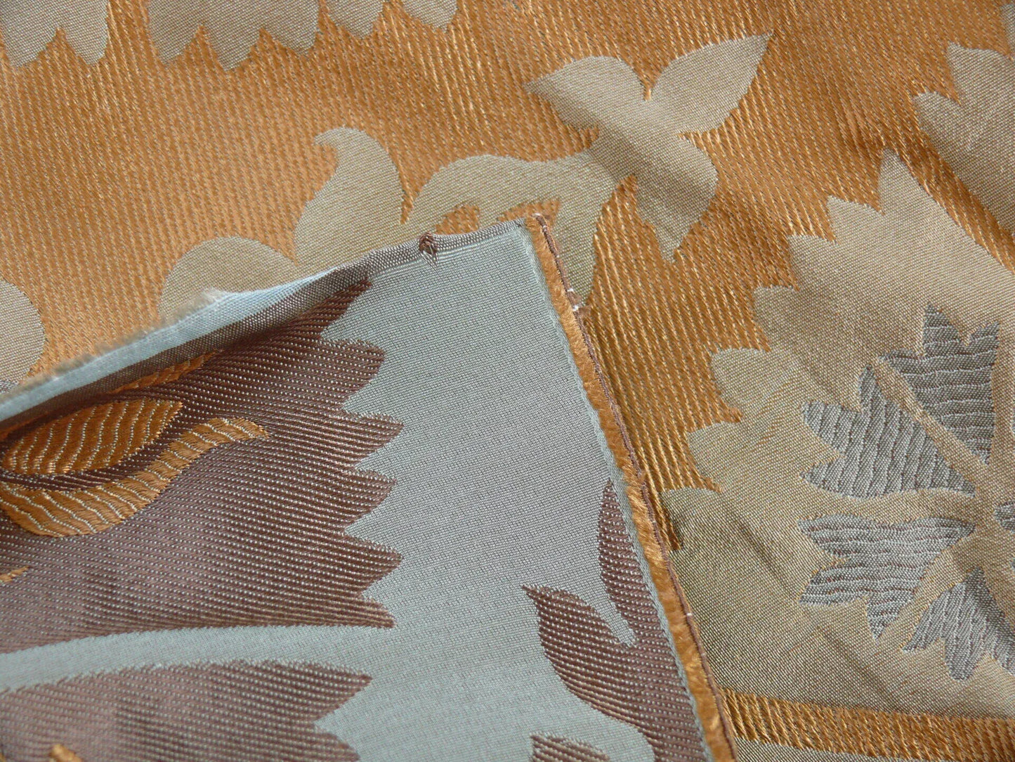 100%silk Lampas Tulip Fan Damask 536 "branch" Teal Blue Brown Gold Bty MSRP USD296/y!